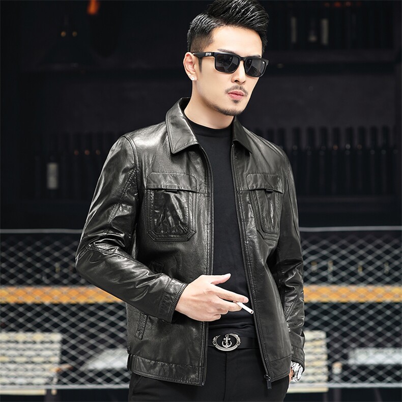 春秋款海宁真皮皮衣男山羊皮翻领夹克韩版机车皮衣商务男装P600，男装夹克，电商B360A（原721A）