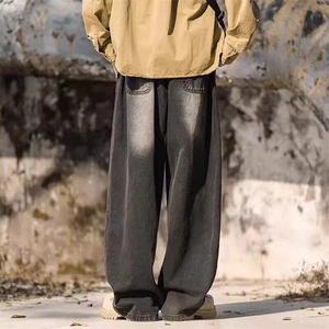 美式水洗牛仔裤男直筒高街秋冬季阔腿休闲裤大码潮牌青少年裤子图片