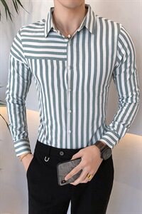 19秋款男青年英伦风衬衫韩版商务男士条纹长袖衬衫102A-BF09图片