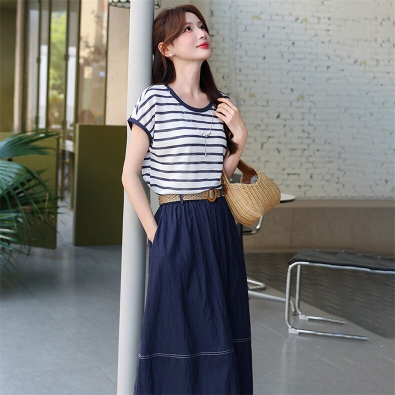 韩版微胖显瘦条纹拼接T恤+小个子牛仔配腰带半身裙夏新款两件套女，女装套装/套裙，超帛