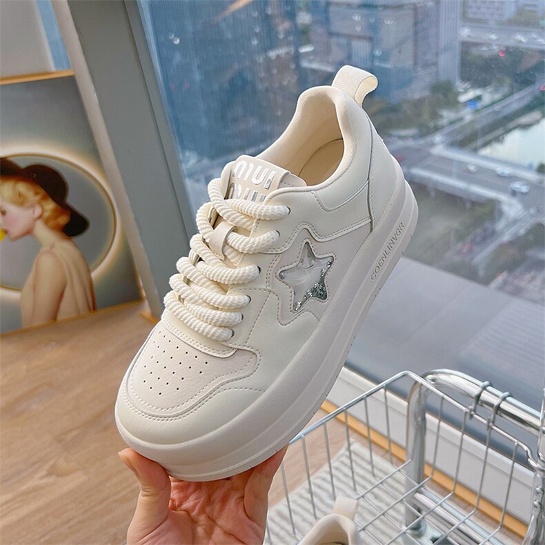 真皮星星板鞋女2024秋冬新款厚底百搭小白鞋潮流休闲鞋女舒适单鞋，女鞋休闲鞋，电商A223