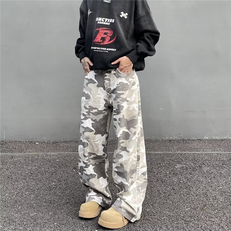 美式vintage街头风灰白迷彩工装裤男宽松直筒vibe风拖地裤图片