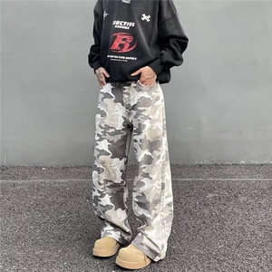 美式vintage街头风灰白迷彩工装裤男宽松直筒vibe风拖地裤图片