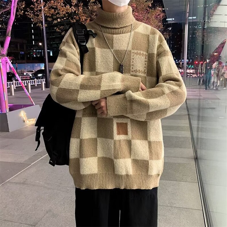 美式复古棋盘格高领毛衣男秋冬季ins潮牌宽松针织衫外套M25-P45,男装针织衫/毛衣,星座1008