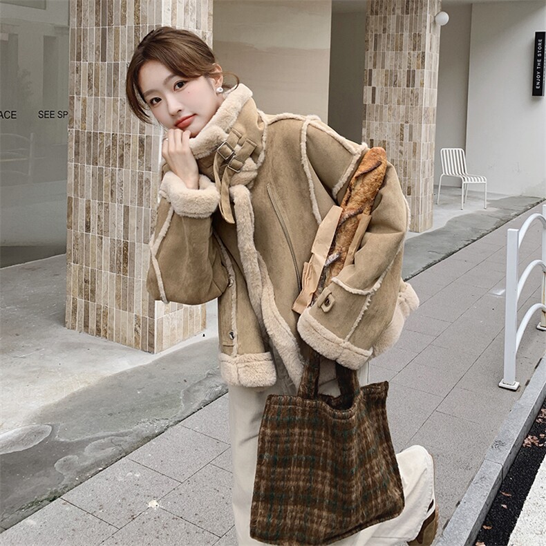 羊羔毛外套女冬皮毛一体麂皮短款保暖机车服上衣99033款P195K278,女装短外套,2C316