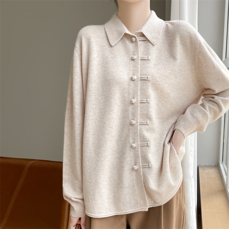 新中式国风polo翻领复古盘扣100%羊绒开衫女宽松衬衣针织外套上衣，女装羊毛衫，东远绒业