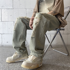 美式复古破洞牛仔裤男夏季高街vibe裤子直筒宽松乞丐裤G2221-P45图片