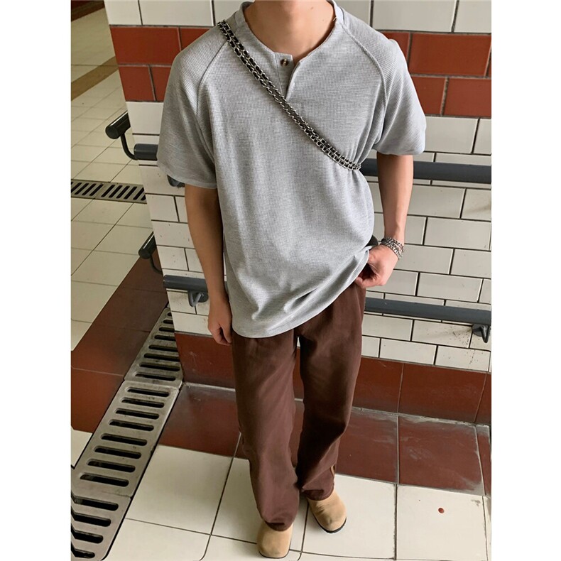 （网图）250克插肩袖玉米格短袖夏季亨利领T恤潮流宽松版夏装,男装T恤,电商C306-1