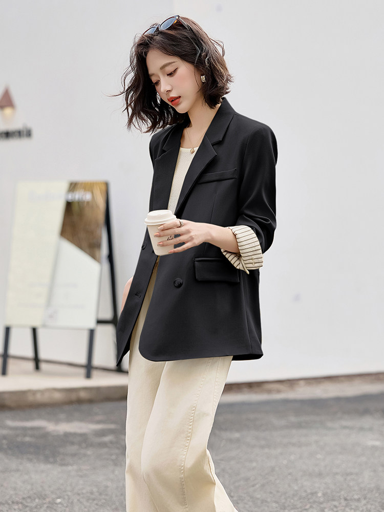 高级感时尚拼接西装外套女2025春季新款洋气百搭双排扣小西服上衣,女装西装,天丝秀