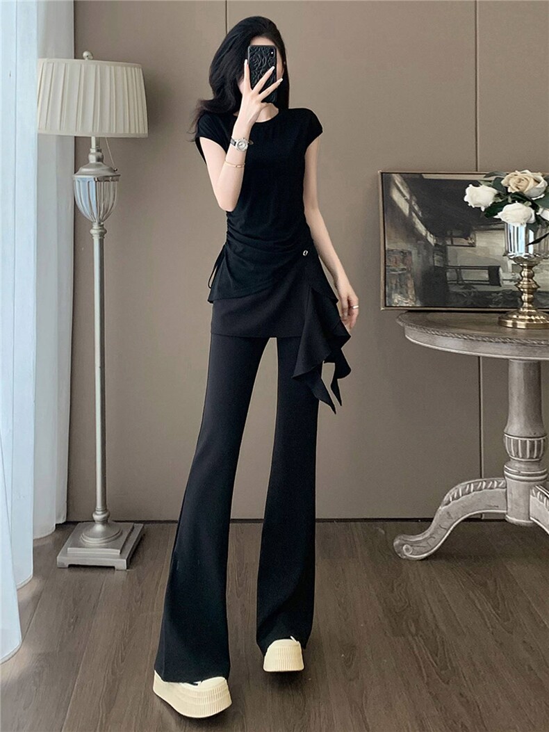 时尚气质减龄套装女夏新款圆领短袖假两件上衣修身显瘦长裤两件套,女装套装/套裙,江南
