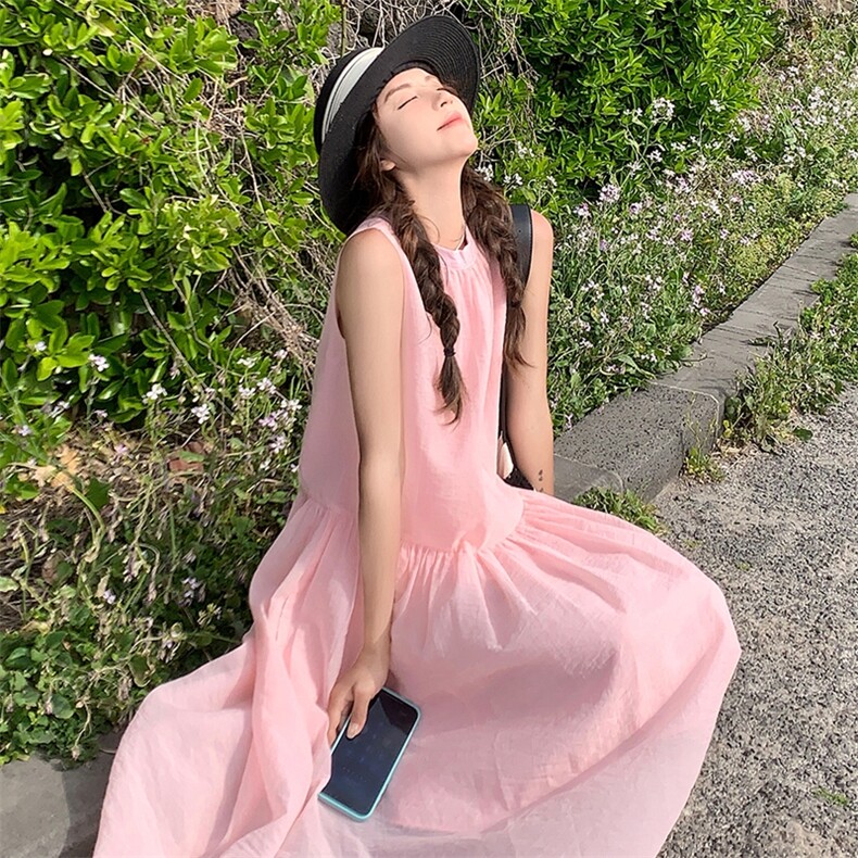 今年流行粉色无袖连衣裙女2025夏季新款高级感超仙气质绝美长裙潮,女装连衣裙,浙宝305
