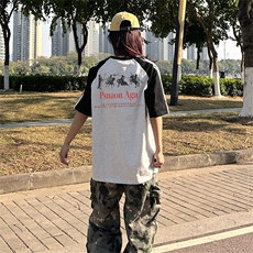 抖音得物品质二开240克宽松纯棉美式潮牌插肩三杠织带短袖T恤，男装T恤，电商A486