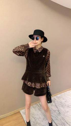 春季新款，D字仿真丝衬衣三件套裤，女装，东洋天堂之花