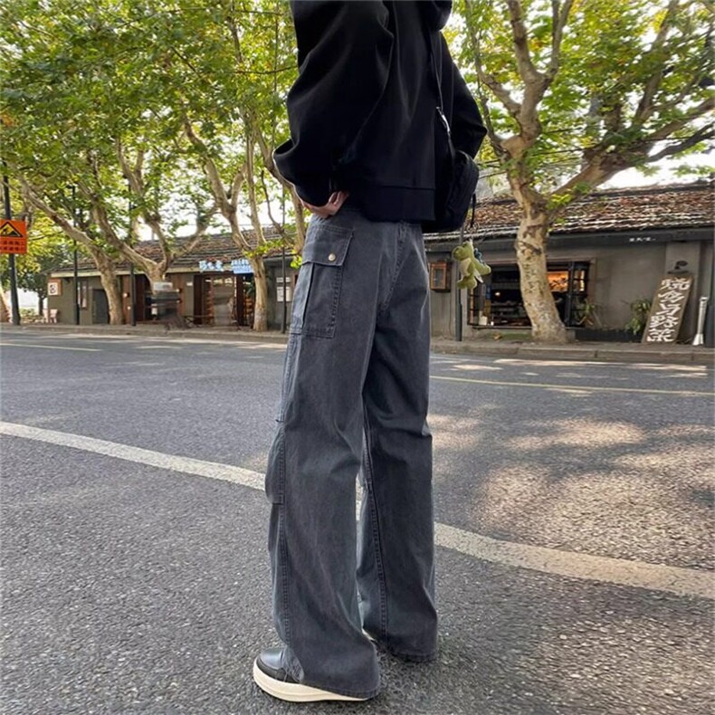 美式高街褶皱设计感工装牛仔裤男款春秋季潮流休闲宽松直筒长裤子,男装休闲裤,星座506A