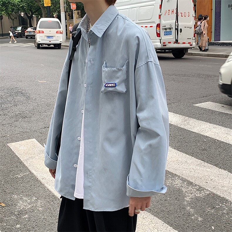 男新款港风休闲纯色m青少年学n生新款衬衫上衣CS01图片