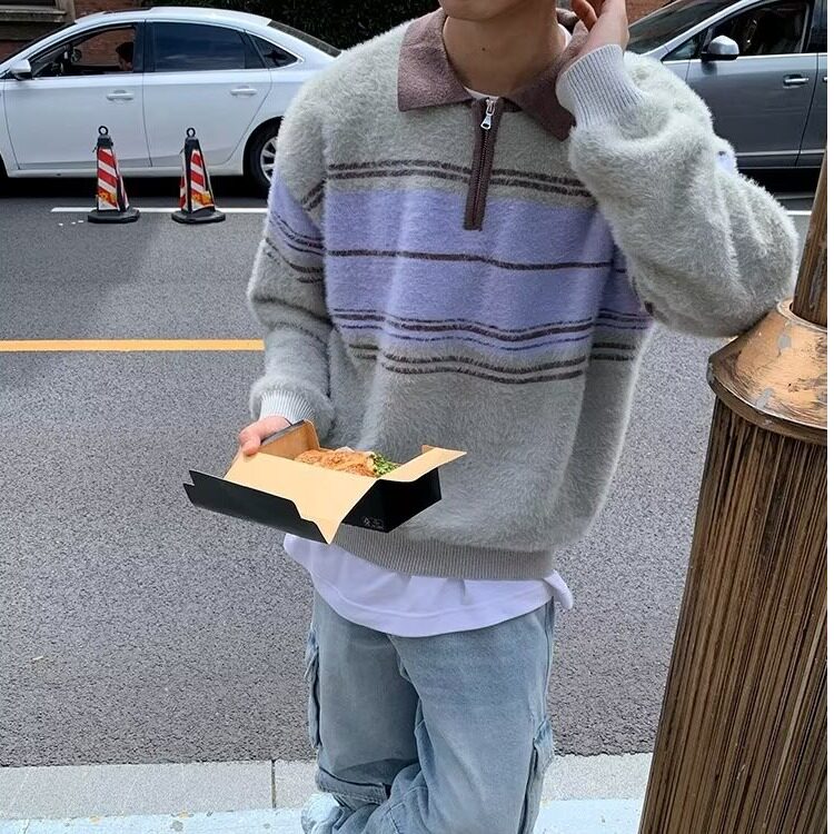 G42美式复古潮牌条纹翻领毛衣男女半拉链polo领情侣针织衫上衣,男装针织衫/毛衣,星座308A-1（原309B-1）