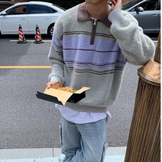 G42美式复古潮牌条纹翻领毛衣男女半拉链polo领情侣针织衫上衣，男装针织衫/毛衣，星座308A-1（原309B-1）