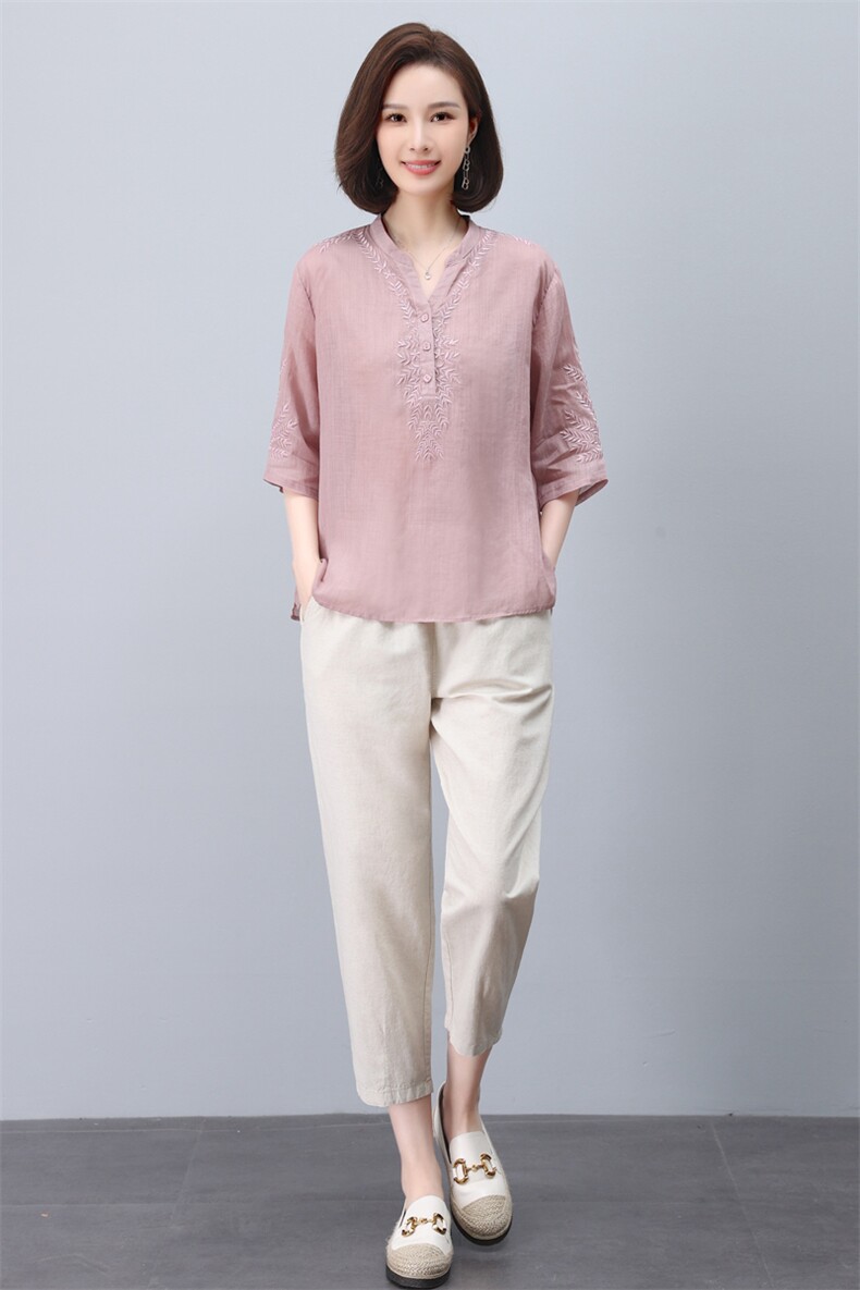 妈妈棉麻衬衫短袖女夏季时尚两件套2024新款中老年洋气阔腿裤套装,女装套装/套裙,希欧阁