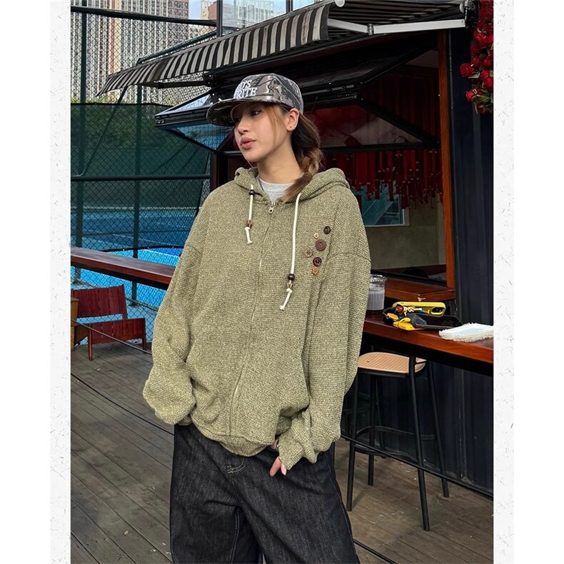 美式复古设计感针织连帽外套男女小众早春慵懒卫衣开衫潮牌,女装短外套,星座506A