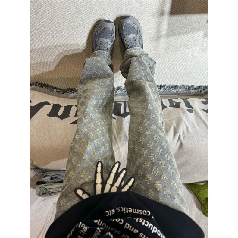【有货】提花满印牛仔裤男夏季美式复古直筒裤子KZT63LL-特P45图片