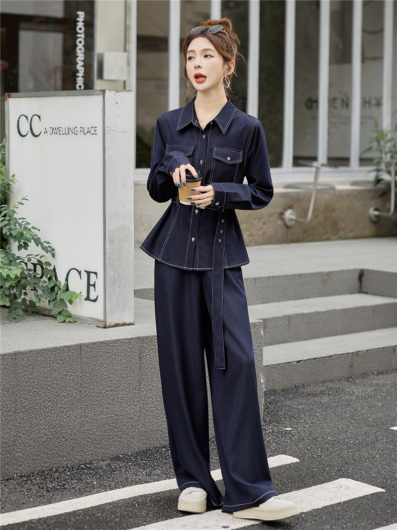 （新款现货）2026春装时尚显瘦天丝牛仔阔腿裤两件套（配腰带）,女装套装/套裙,印象茜