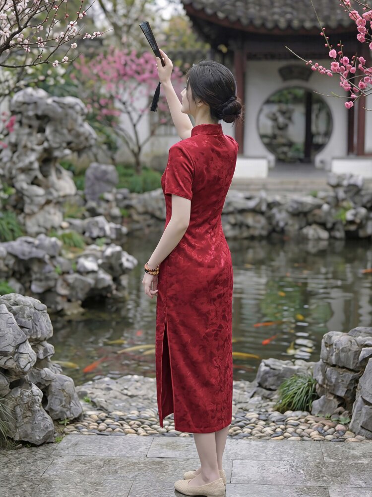 2026年夏季中长款旗袍短袖斜襟气质时尚喜庆修身显瘦弹力日常裙子,女装汉服/婚纱/旗袍/礼服,媚琳依坊