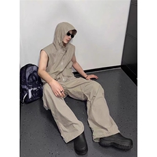 拉链连帽马甲褶皱工装裤套装男小众设计感无袖坎肩宽松休闲长裤潮，男装背心/马甲，星座506A