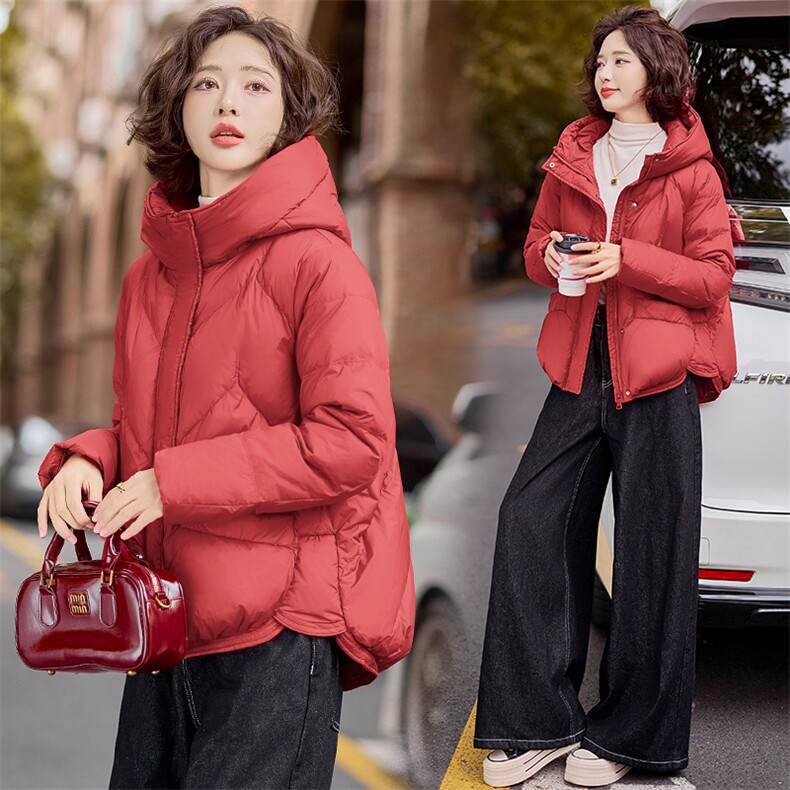 红色短款羽绒服女高级设计感90白鸭绒小个子韩版宽松加厚冬季外套图片