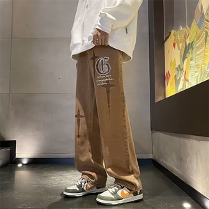 ins韩版复古刺绣百搭bf高腰宽松水洗直筒阔腿裤牛仔裤男N3450-p47图片