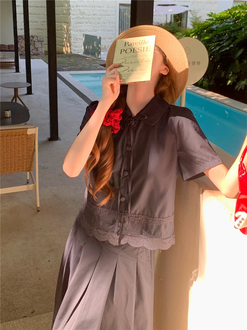 蕾丝拼接娃娃领系带上衣松紧腰半裙学院风套装女,女装套装/套裙,水衣源
