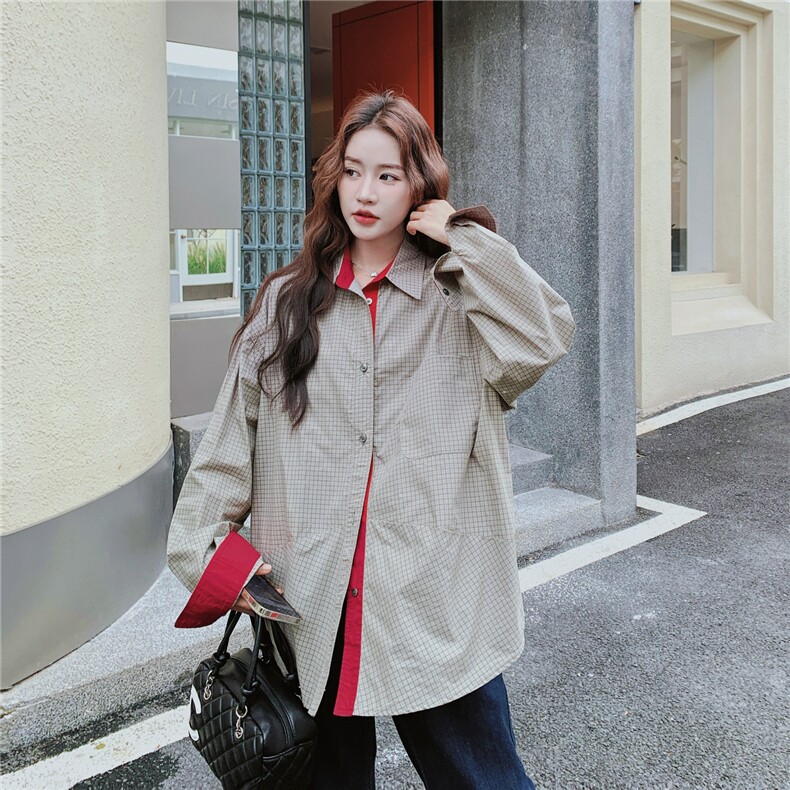 【新款】红袖灰格拼接衬衫2C137-8289-P135-K218,女装衬衫,2C137