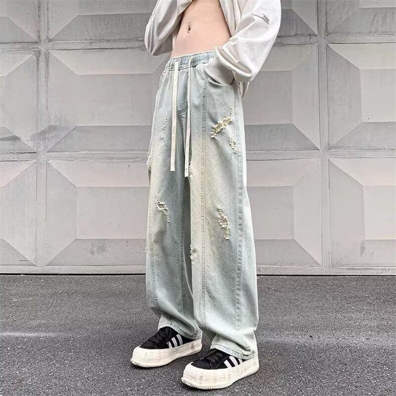 K83美式高街破洞牛仔裤男复古宽松阔腿欧美vibe直筒男生裤子图片