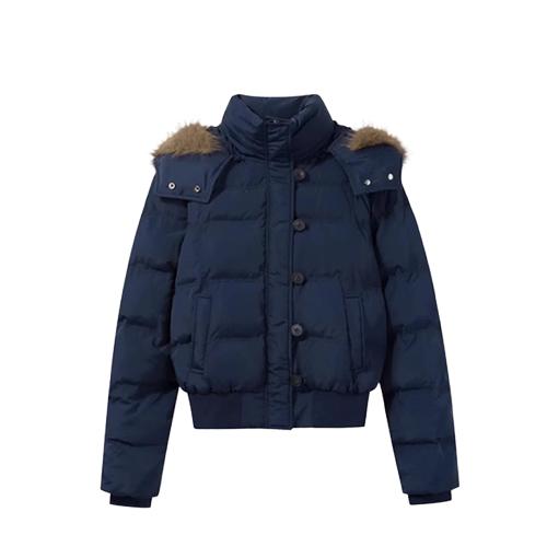 1506-1/G2060/P74韩系短款羽绒服 女冬藏青连帽毛领百搭款图片