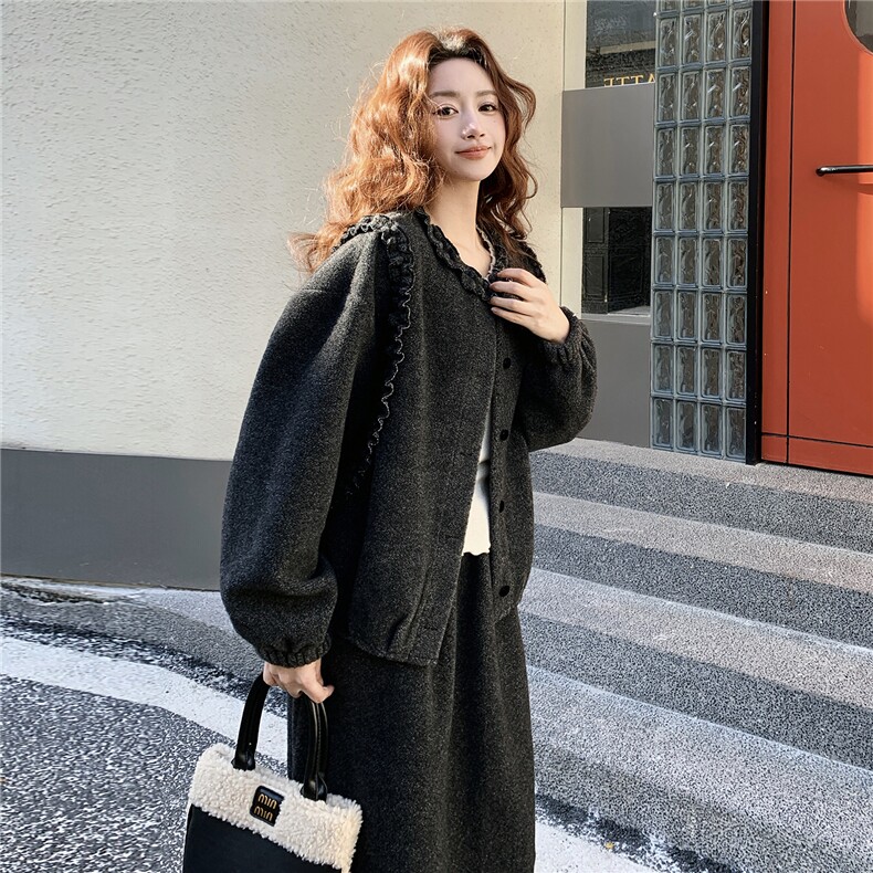 韩系甜美木耳边开衫半裙套装F6607-P175-K258,女装套装/套裙,2C255