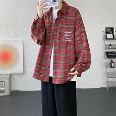 衬衫男秋季新款港风宽松大码刺绣格子衬衣CS121-P35，男装衬衫，星座214-3