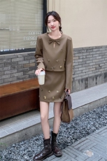 法式高级炸街减龄套装裙女2025年秋季新款钉钻长袖两件套，女装套装/套裙，1D102-1