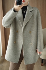 秋冬季羊毛时尚休闲两排两扣经典V领中款大衣，女装双面呢大衣，泰公羊绒