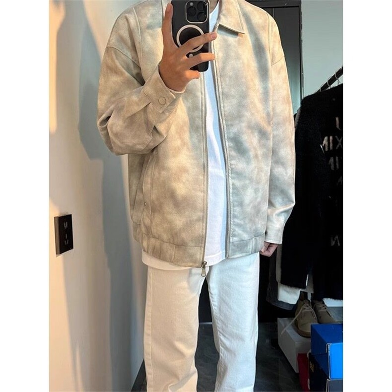 722-P62 美式高街扎染皮衣外套男高级感春秋新款cleanift机车图片