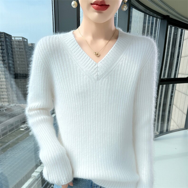 2025秋冬百搭时尚简约v领长袖修身针织衫，女装针织衫/毛衣，冬贝尔貂绒
