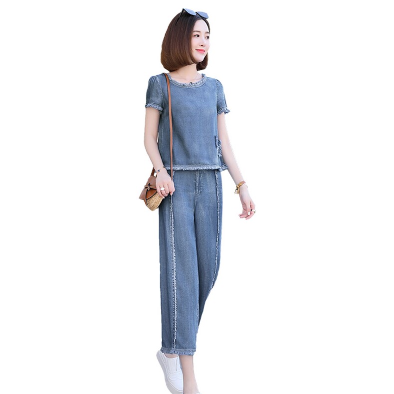 夏装女2025款韩版时尚休闲牛仔套装洋气两件套高腰坠感天丝阔腿裤,女装套装/套裙,魅影