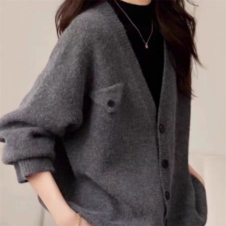 时尚百搭V领羊毛开衫女宽松显瘦加厚毛衣外套,女装羊毛衫,旭驰羊绒