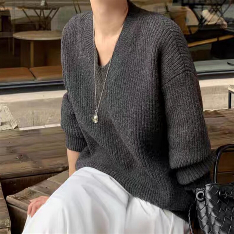 女士秋冬元宝针落肩V领羊毛衫羊毛,女装羊毛衫,旭驰羊绒