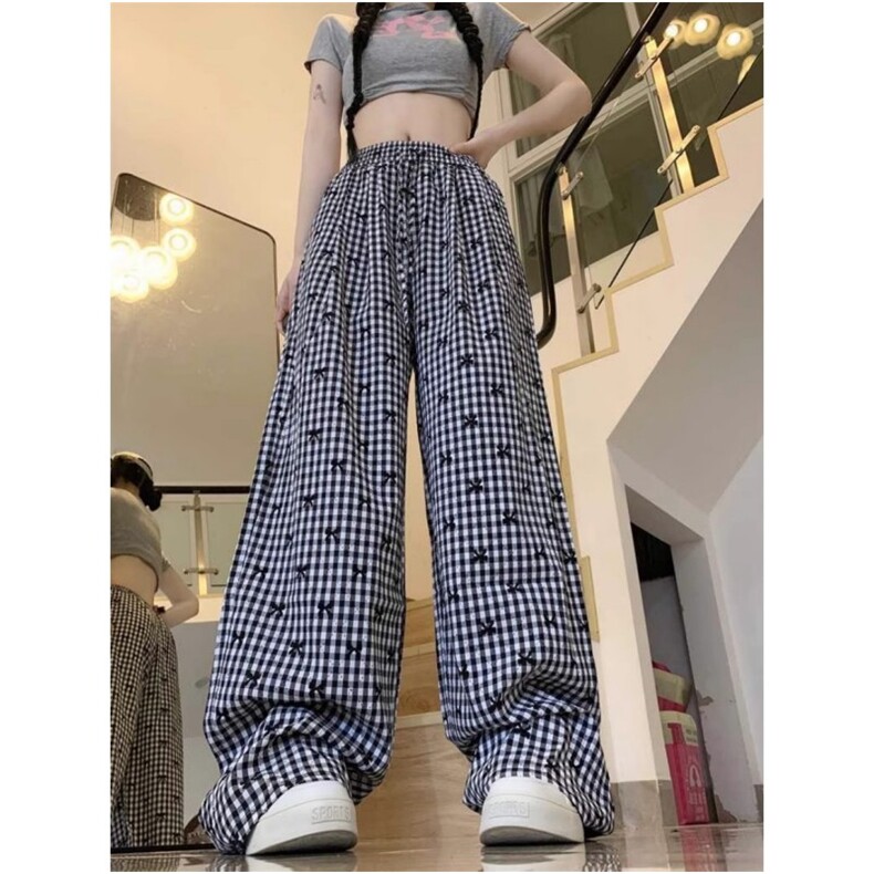 AK2494-p30 复古格子蝴蝶结刺绣休闲裤女2026夏季新款阔腿裤裤子图片