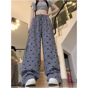 AK2494-p30复古格子蝴蝶结刺绣休闲裤女2026夏季新款阔腿裤裤子