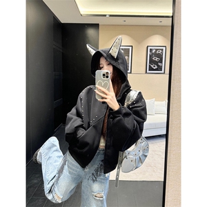 抖音得物高品质 26春装美式高街铆钉杜宾犬耳朵开衫卫衣外套W125图片