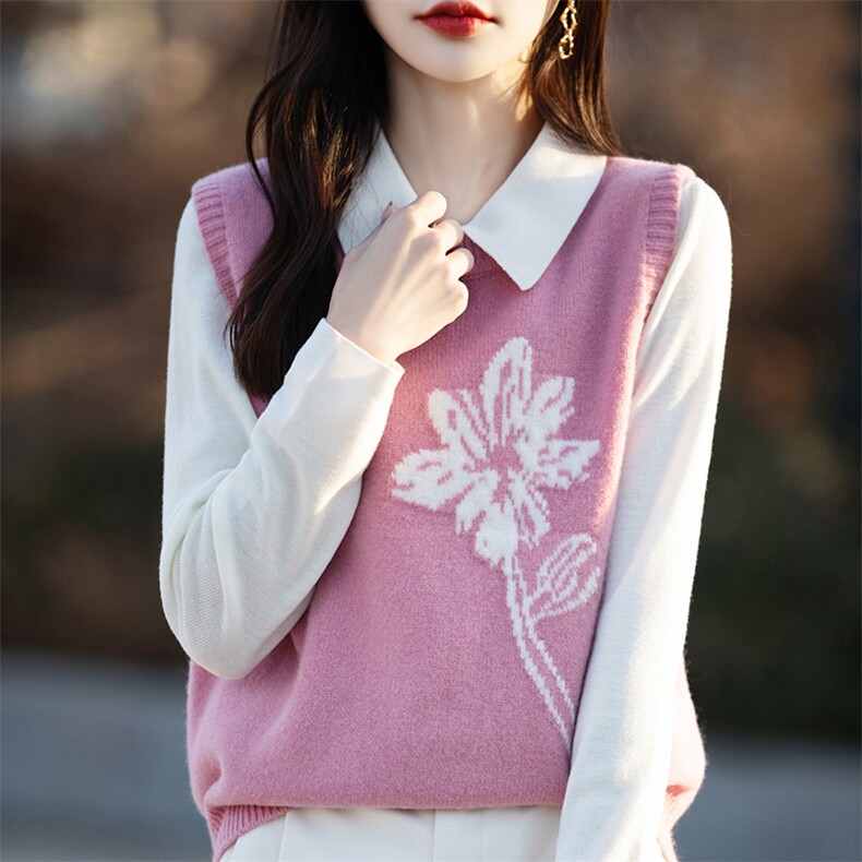 2025圆领羊毛马甲百搭时尚花纹图案款，女装针织衫/毛衣，羿纯羊绒高端店