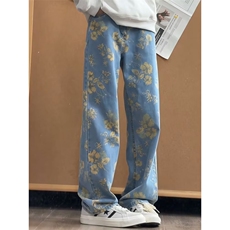花卉提花牛仔裤男款秋季美式潮牌痞帅炸街裤子窄版直筒裤，男装牛仔裤，四季星座505