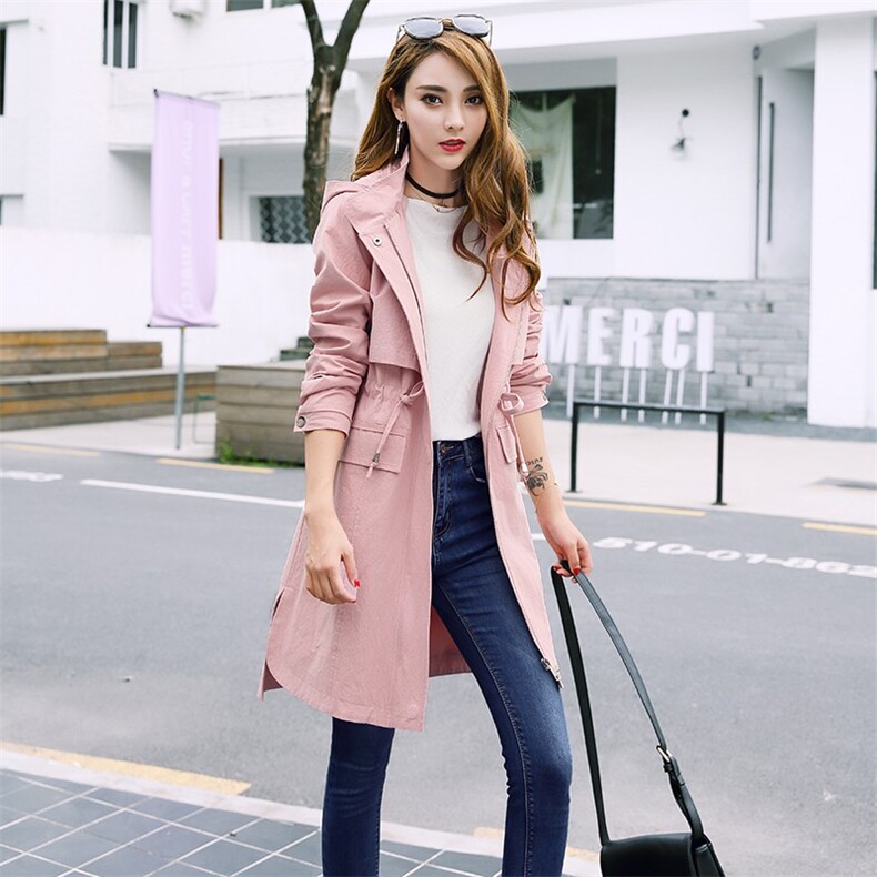 2021年秋季系带口袋纯色拉链连帽长袖中长款通勤直筒风衣街头，女装风衣，依恋蒂丝