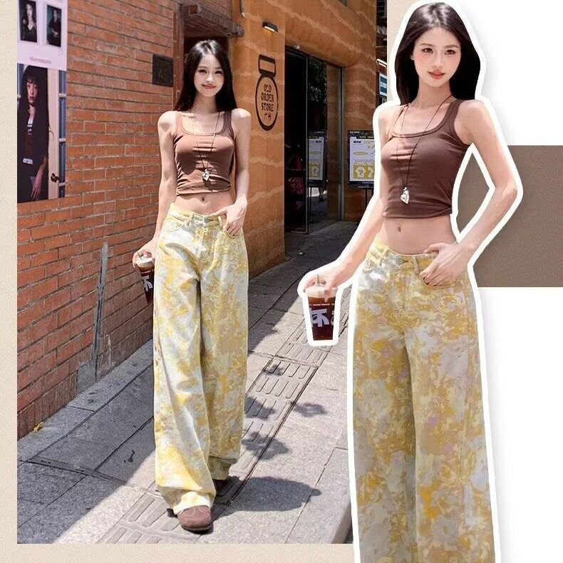 扎染印花浅蓝阔腿牛仔裤高腰垂感直筒小个子拖地裤K8307-P38网图，女装牛仔裤，电商B245