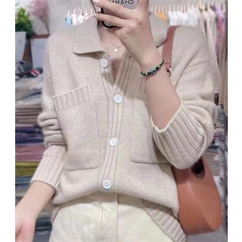 秋冬季新款舒适显瘦时尚百搭纯毛双兜针织开衫,女装羊毛衫,恒恩羊绒